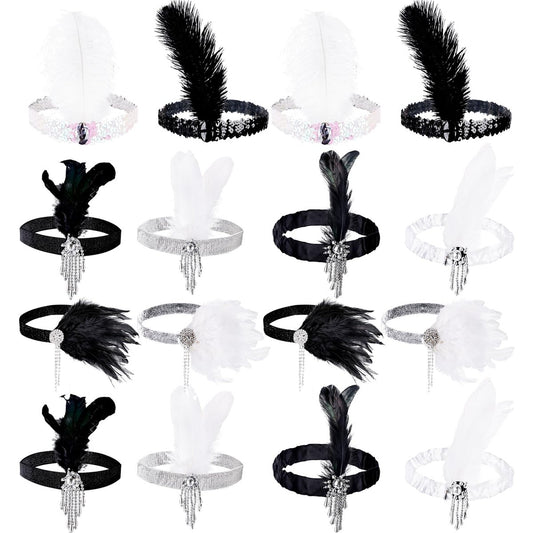 Flotory 16-Piece 1920s Flapper Headbands - Black and White Sequin Headpiece for Roaring 20s Theme Party Hair Accessories