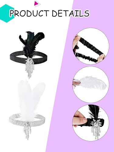 Flotory 16-Piece 1920s Flapper Headbands - Black and White Sequin Headpiece for Roaring 20s Theme Party Hair Accessories - görsel 6