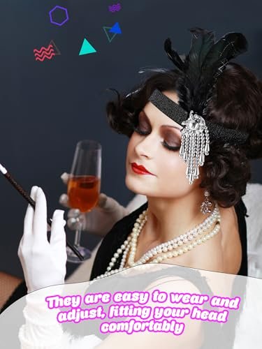 Flotory 16-Piece 1920s Flapper Headbands - Black and White Sequin Headpiece for Roaring 20s Theme Party Hair Accessories