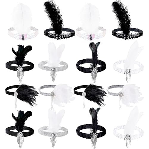 Flotory 16-Piece 1920s Flapper Headbands - Black and White Sequin Headpiece for Roaring 20s Theme Party Hair Accessories - görsel 2