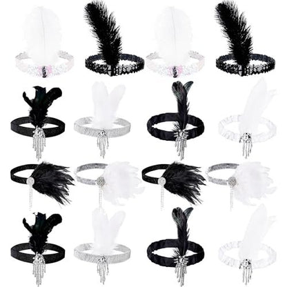 Flotory 16-Piece 1920s Flapper Headbands - Black and White Sequin Headpiece for Roaring 20s Theme Party Hair Accessories