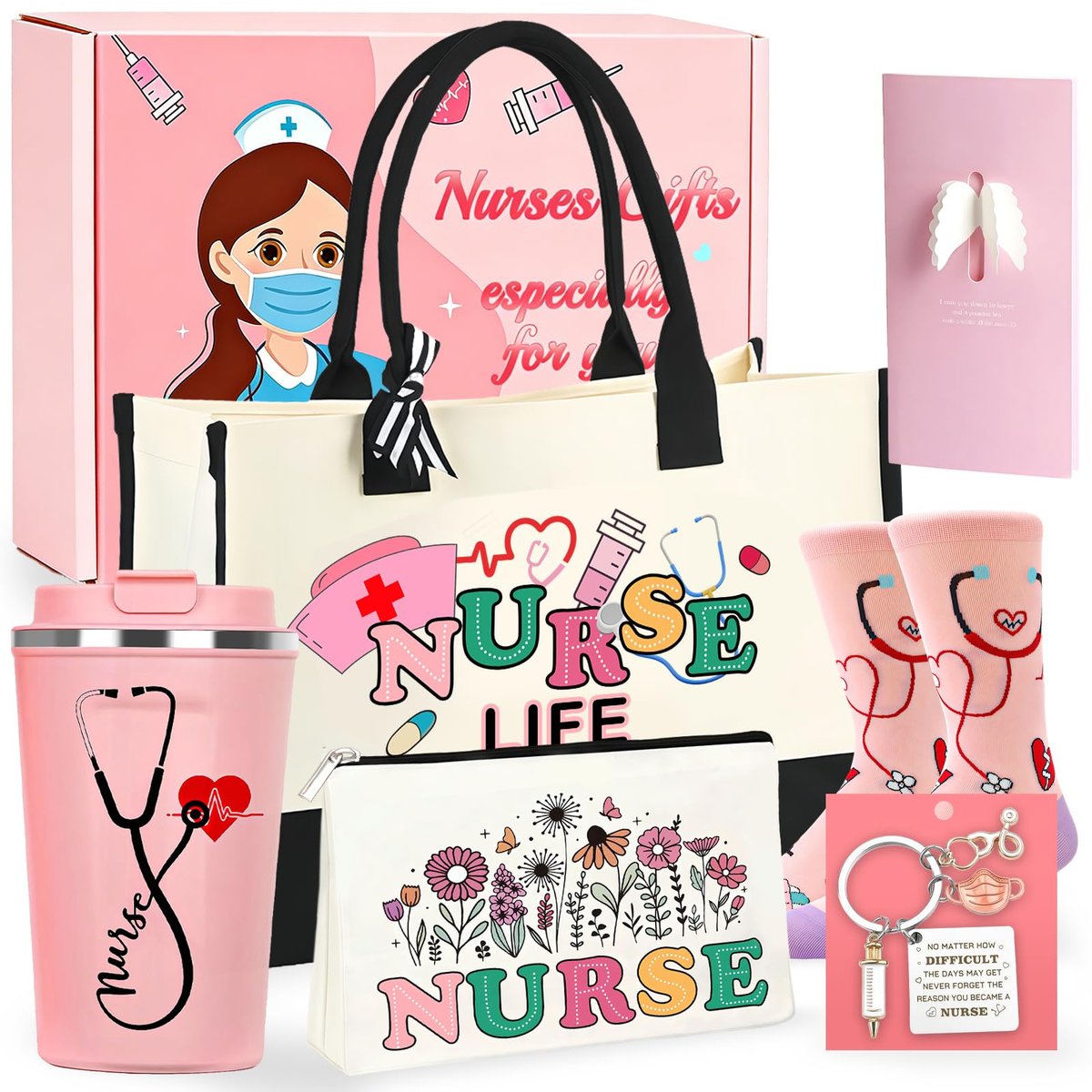 MEPIG Nurse Gifts for Women – Nurse Practitioner Appreciation Gift Set with Tote Bag, Socks, Coffee Cup, Keychain & Cards - görsel 1
