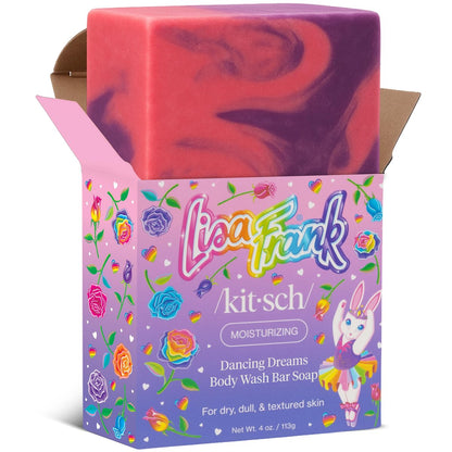 Kitsch x Lisa Frank Dancing Dreams Shea Butter Body Wash Bar – Gentle Exfoliating Body Wash with Apricot Seeds – Moisturizing Bar Soap Cleanser for Soft, Smooth Skin – Eco-Friendly Skin Care - 4 oz