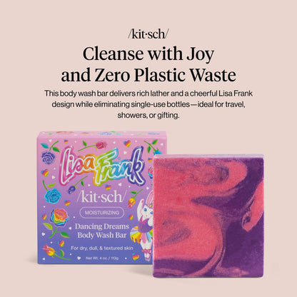 Kitsch x Lisa Frank Dancing Dreams Shea Butter Body Wash Bar – Gentle Exfoliating Body Wash with Apricot Seeds – Moisturizing Bar Soap Cleanser for Soft, Smooth Skin – Eco-Friendly Skin Care - 4 oz