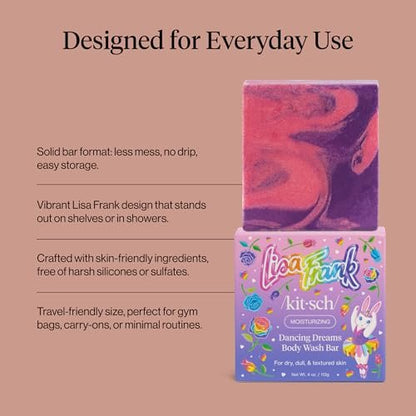 Kitsch x Lisa Frank Dancing Dreams Shea Butter Body Wash Bar – Gentle Exfoliating Body Wash with Apricot Seeds – Moisturizing Bar Soap Cleanser for Soft, Smooth Skin – Eco-Friendly Skin Care - 4 oz