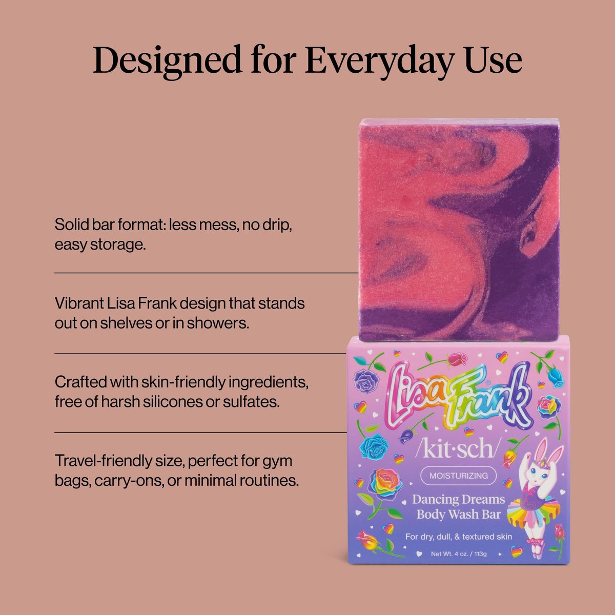 Kitsch x Lisa Frank Dancing Dreams Shea Butter Body Wash Bar – Gentle Exfoliating Body Wash with Apricot Seeds – Moisturizing Bar Soap Cleanser for Soft, Smooth Skin – Eco-Friendly Skin Care - 4 oz - görsel 5