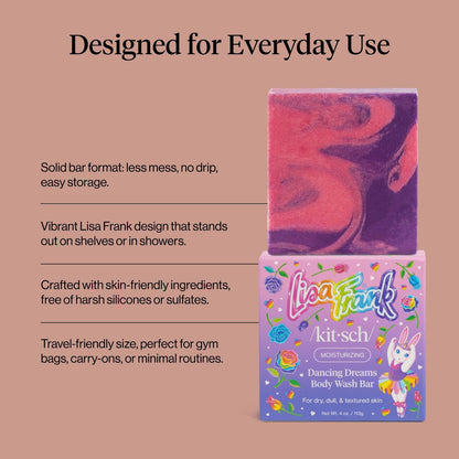 Kitsch x Lisa Frank Dancing Dreams Shea Butter Body Wash Bar – Gentle Exfoliating Body Wash with Apricot Seeds – Moisturizing Bar Soap Cleanser for Soft, Smooth Skin – Eco-Friendly Skin Care - 4 oz