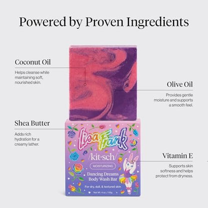 Kitsch x Lisa Frank Dancing Dreams Shea Butter Body Wash Bar – Gentle Exfoliating Body Wash with Apricot Seeds – Moisturizing Bar Soap Cleanser for Soft, Smooth Skin – Eco-Friendly Skin Care - 4 oz