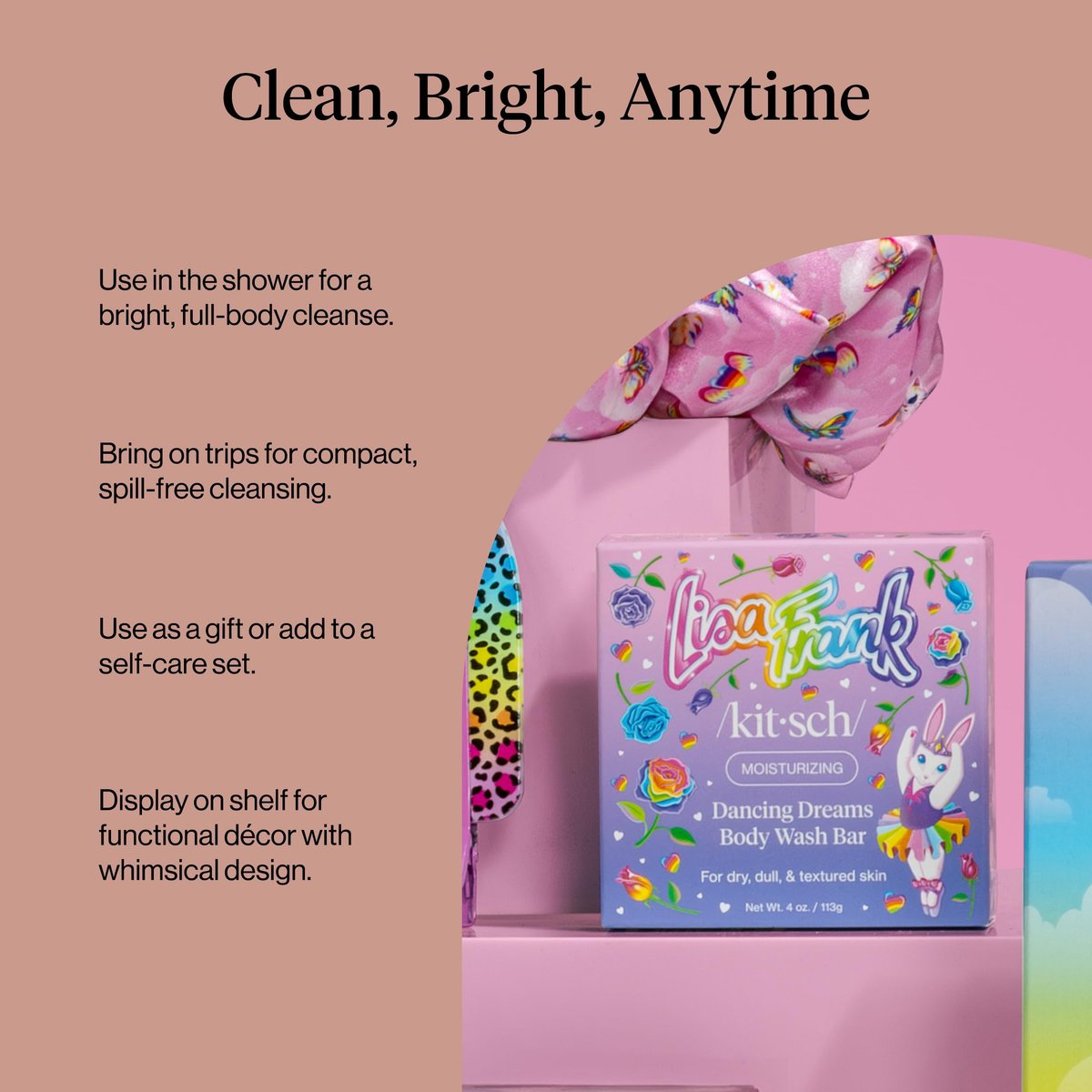 Kitsch x Lisa Frank Dancing Dreams Shea Butter Body Wash Bar – Gentle Exfoliating Body Wash with Apricot Seeds – Moisturizing Bar Soap Cleanser for Soft, Smooth Skin – Eco-Friendly Skin Care - 4 oz - görsel 15