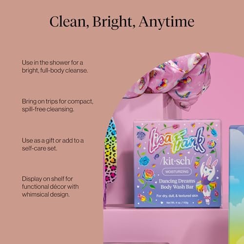Kitsch x Lisa Frank Dancing Dreams Shea Butter Body Wash Bar – Gentle Exfoliating Body Wash with Apricot Seeds – Moisturizing Bar Soap Cleanser for Soft, Smooth Skin – Eco-Friendly Skin Care - 4 oz - görsel 16
