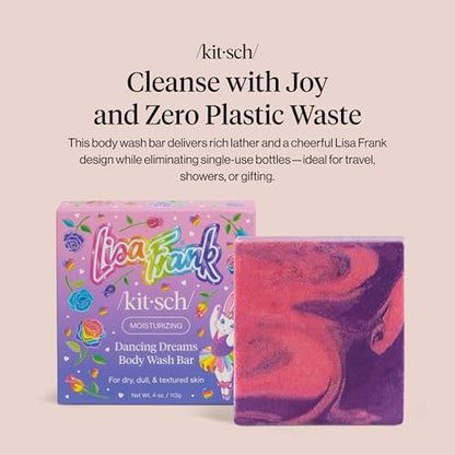 Kitsch x Lisa Frank Dancing Dreams Shea Butter Body Wash Bar – Gentle Exfoliating Body Wash with Apricot Seeds – Moisturizing Bar Soap Cleanser for Soft, Smooth Skin – Eco-Friendly Skin Care - 4 oz
