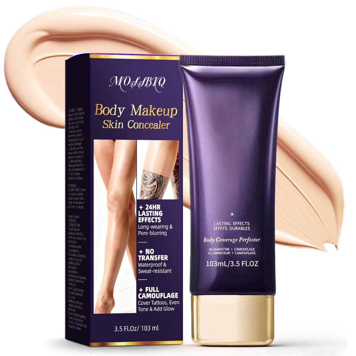MOSSBIQ Tattoo Cover Up Makeup Waterproof - Long Lasting Body Foundation for Flawless Legs & Body, Natural Radiance, 3.5 Fl Oz Avelisse