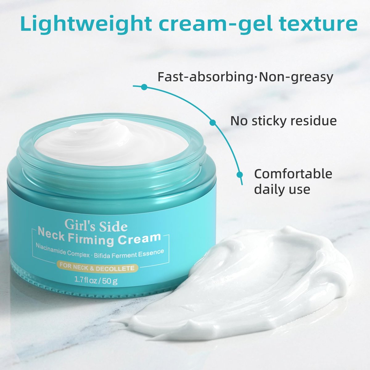 Girl's side Neck Firming Cream with Niacinamide & Bifida Ferment - Hyaluronic Acid, Caffeine, Ceramide Moisturizer to Minimize Fine Lines, Tighten Neck & Chest Skin, 1.7 fl oz Avelisse