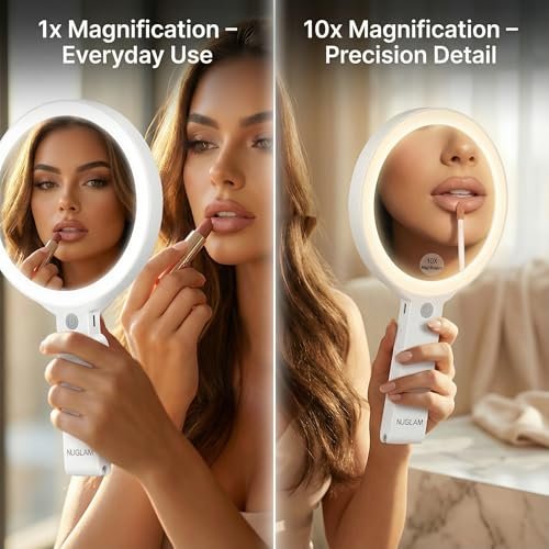 NJ GLAM LED Lighted Makeup Mirror – Double Sided 1X/10X Magnifying Vanity Mirror with 3 Color Light Modes, USB Rechargeable, Portable with Adjustable Stand, Tabletop, Handheld & Hanging (White) Avelisse