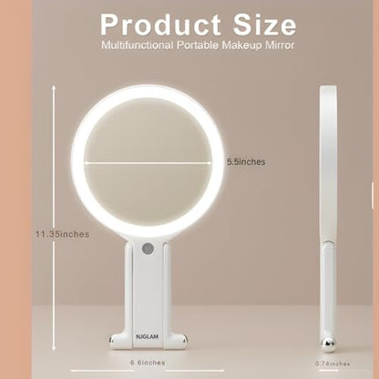 NJ GLAM LED Lighted Makeup Mirror – Double Sided 1X/10X Magnifying Vanity Mirror with 3 Color Light Modes, USB Rechargeable, Portable with Adjustable Stand, Tabletop, Handheld & Hanging (White) Avelisse