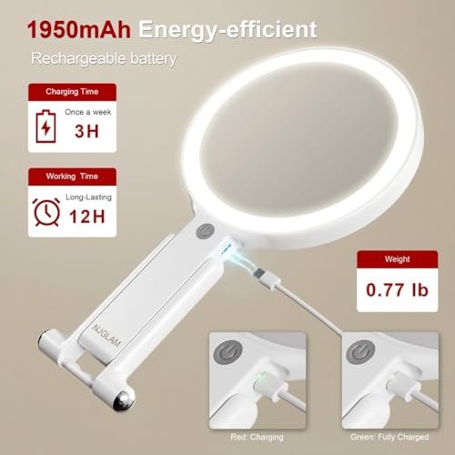 NJ GLAM LED Lighted Makeup Mirror – Double Sided 1X/10X Magnifying Vanity Mirror with 3 Color Light Modes, USB Rechargeable, Portable with Adjustable Stand, Tabletop, Handheld & Hanging (White) Avelisse