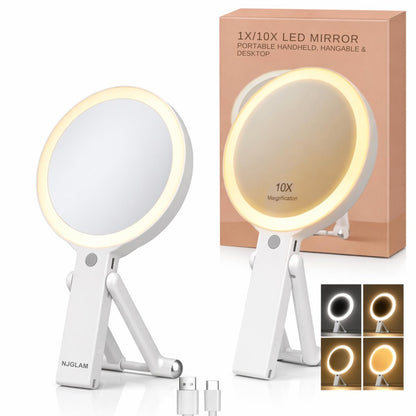 NJ GLAM LED Lighted Makeup Mirror – Double Sided 1X/10X Magnifying Vanity Mirror with 3 Color Light Modes, USB Rechargeable, Portable with Adjustable Stand, Tabletop, Handheld & Hanging (White) Avelisse