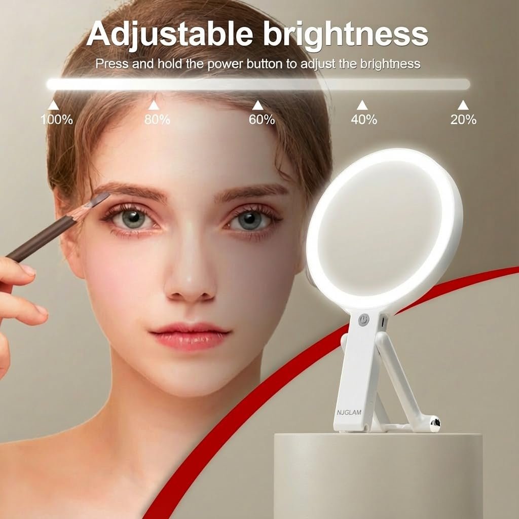 NJ GLAM LED Lighted Makeup Mirror – Double Sided 1X/10X Magnifying Vanity Mirror with 3 Color Light Modes, USB Rechargeable, Portable with Adjustable Stand, Tabletop, Handheld & Hanging (White) Avelisse