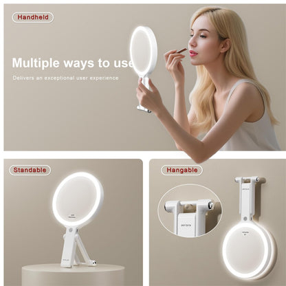 NJ GLAM LED Lighted Makeup Mirror – Double Sided 1X/10X Magnifying Vanity Mirror with 3 Color Light Modes, USB Rechargeable, Portable with Adjustable Stand, Tabletop, Handheld & Hanging (White) Avelisse