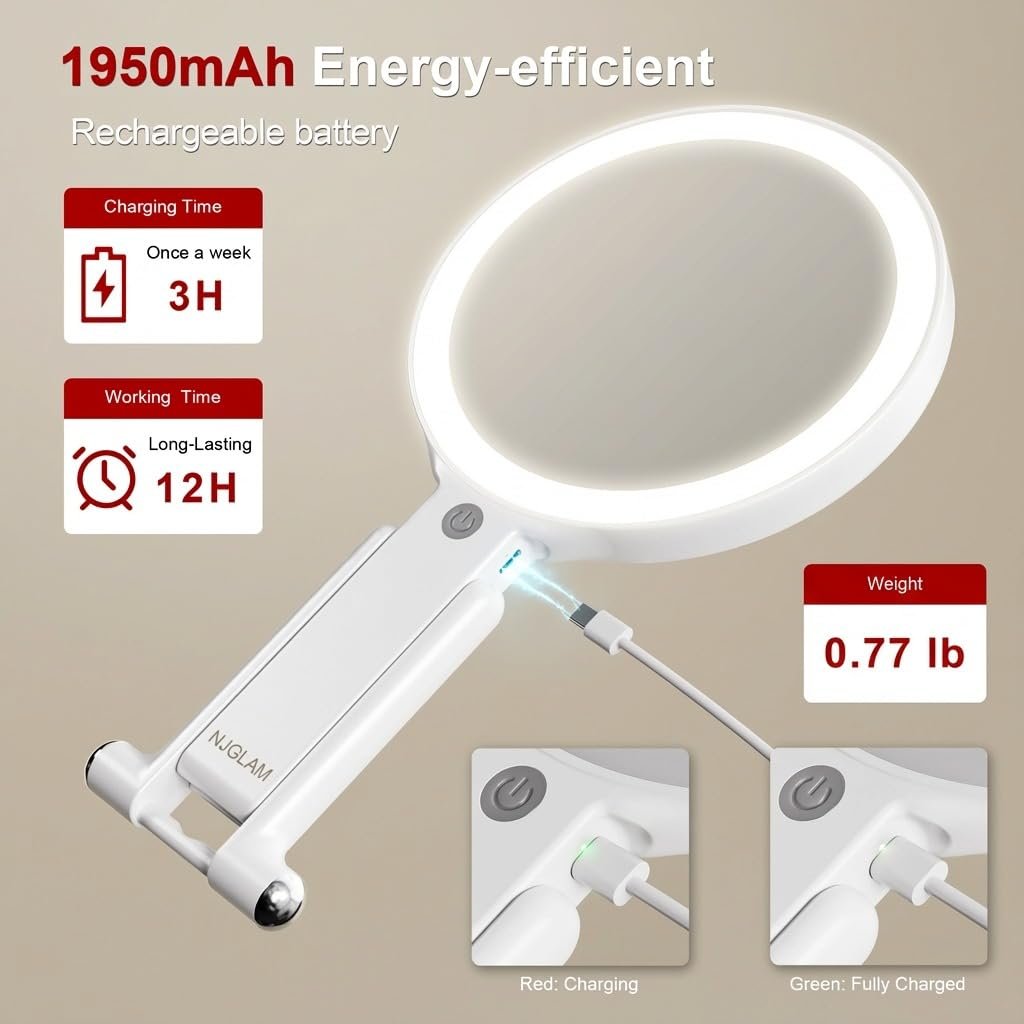 NJ GLAM LED Lighted Makeup Mirror – Double Sided 1X/10X Magnifying Vanity Mirror with 3 Color Light Modes, USB Rechargeable, Portable with Adjustable Stand, Tabletop, Handheld & Hanging (White) Avelisse