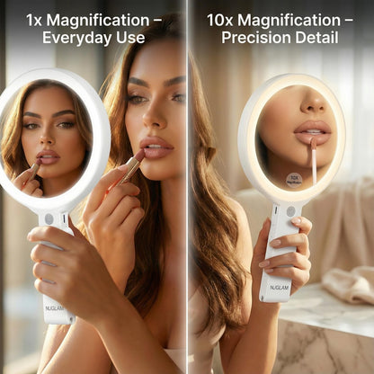 NJ GLAM LED Lighted Makeup Mirror – Double Sided 1X/10X Magnifying Vanity Mirror with 3 Color Light Modes, USB Rechargeable, Portable with Adjustable Stand, Tabletop, Handheld & Hanging (White) Avelisse