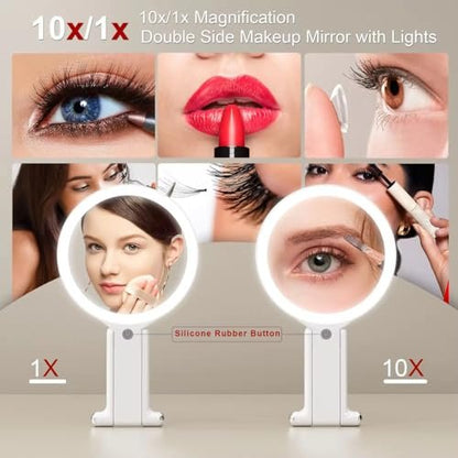 NJ GLAM LED Lighted Makeup Mirror – Double Sided 1X/10X Magnifying Vanity Mirror with 3 Color Light Modes, USB Rechargeable, Portable with Adjustable Stand, Tabletop, Handheld & Hanging (White) Avelisse