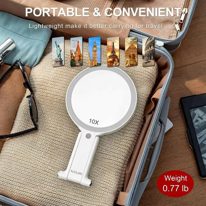 NJ GLAM LED Lighted Makeup Mirror – Double Sided 1X/10X Magnifying Vanity Mirror with 3 Color Light Modes, USB Rechargeable, Portable with Adjustable Stand, Tabletop, Handheld & Hanging (White) Avelisse