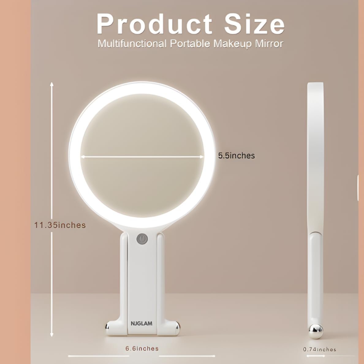 NJ GLAM LED Lighted Makeup Mirror – Double Sided 1X/10X Magnifying Vanity Mirror with 3 Color Light Modes, USB Rechargeable, Portable with Adjustable Stand, Tabletop, Handheld & Hanging (White) Avelisse