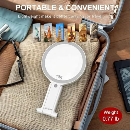 NJ GLAM LED Lighted Makeup Mirror – Double Sided 1X/10X Magnifying Vanity Mirror with 3 Color Light Modes, USB Rechargeable, Portable with Adjustable Stand, Tabletop, Handheld & Hanging (White) Avelisse