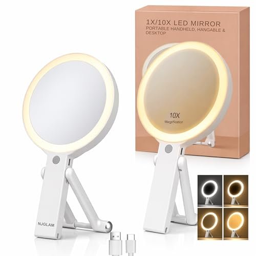 NJ GLAM LED Lighted Makeup Mirror – Double Sided 1X/10X Magnifying Vanity Mirror with 3 Color Light Modes, USB Rechargeable, Portable with Adjustable Stand, Tabletop, Handheld & Hanging (White) Avelisse