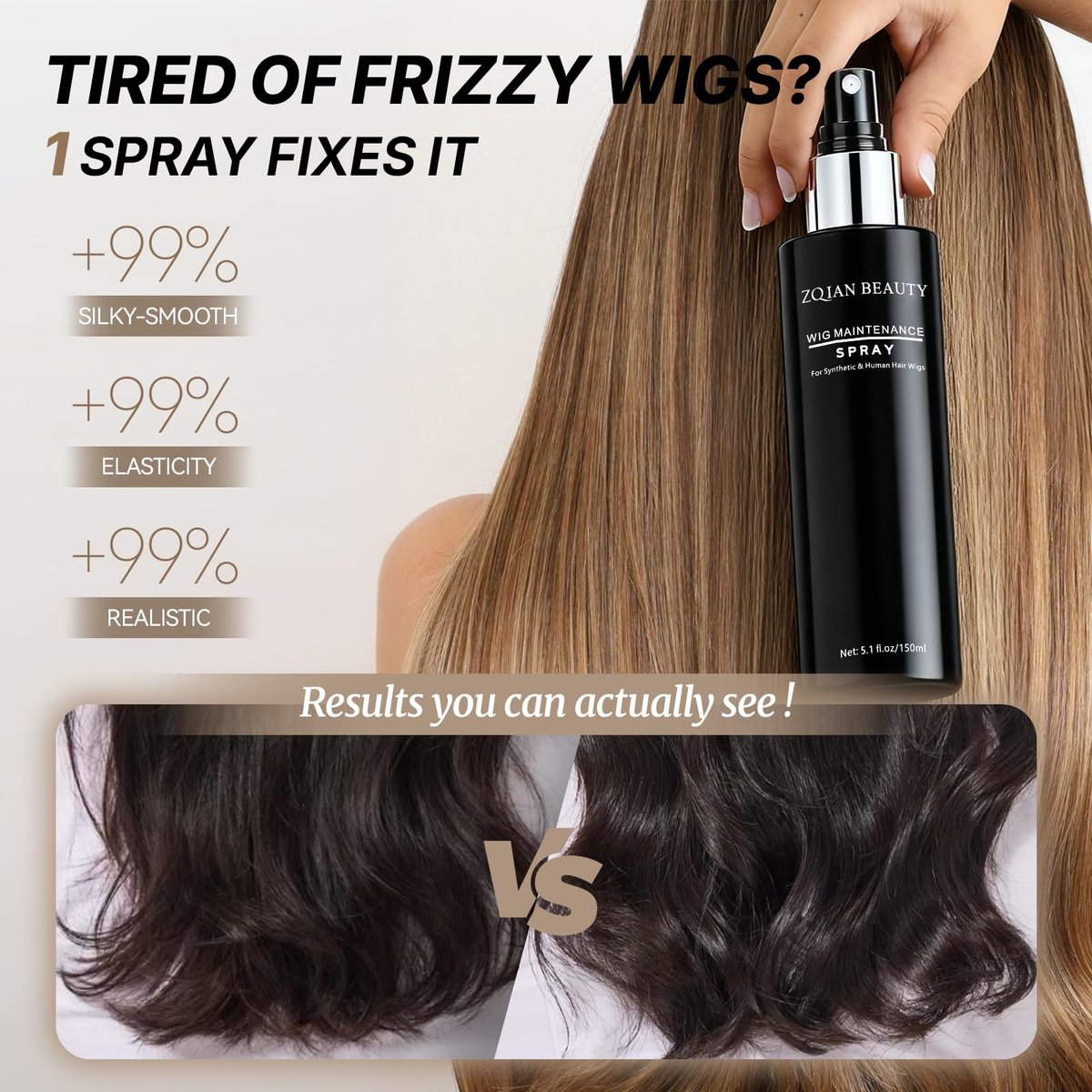 ZQIAN BEAUTY Wig Spray for Synthetic Hair - Detangling Leave In Conditioner for Wigs, Toppers, Extensions & Human Hair, Nourishes & Restores Shine, 5.1 fl oz - görsel 3