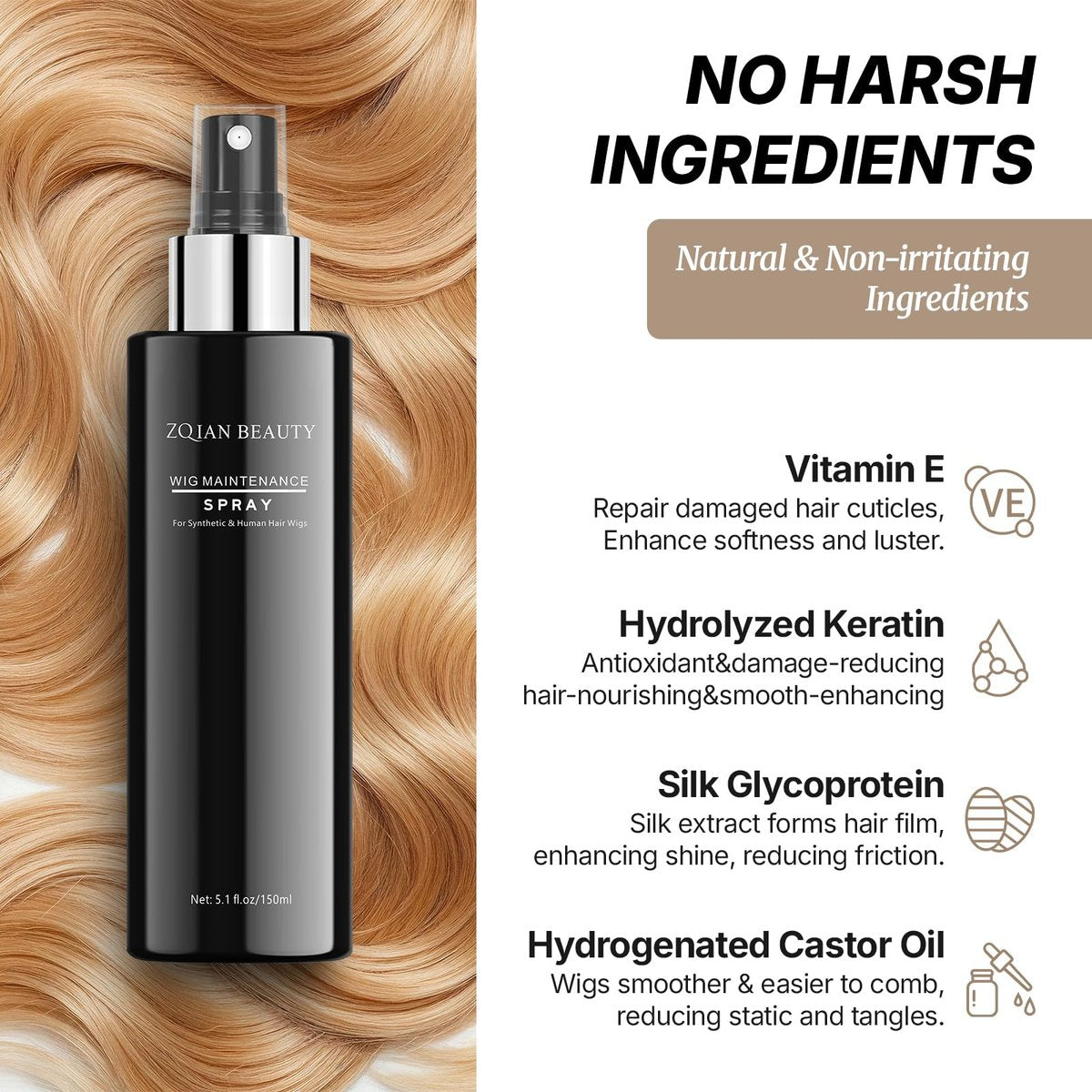 ZQIAN BEAUTY Wig Spray for Synthetic Hair - Detangling Leave In Conditioner for Wigs, Toppers, Extensions & Human Hair, Nourishes & Restores Shine, 5.1 fl oz - görsel 5