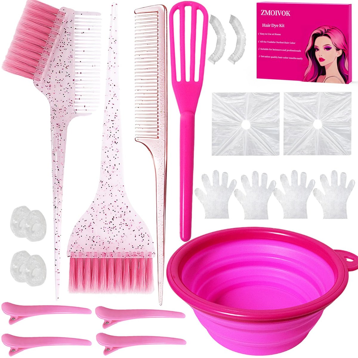 ZMOIVOK 21-Piece Professional Hair Dye Kit - Salon-Quality Bleach & Color Tool Set with Bowl, Brush, Clips, Gloves & Ear Covers for Home or Salon Use (Rose Pink) - görsel 1