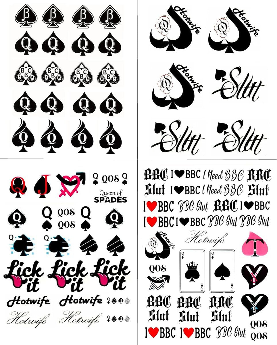 EUYF BBC Queen of Spades Temporary Tattoo Stickers - 4 Sheets, 81 Designs, Large 15x21cm, Black QOS Hardcore Phrases Temporary Tattoos for Adults - görsel 1