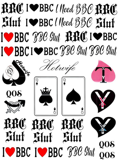 EUYF BBC Queen of Spades Temporary Tattoo Stickers - 4 Sheets, 81 Designs, Large 15x21cm, Black QOS Hardcore Phrases Temporary Tattoos for Adults