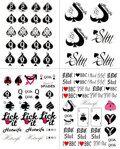 EUYF BBC Queen of Spades Temporary Tattoo Stickers - 4 Sheets, 81 Designs, Large 15x21cm, Black QOS Hardcore Phrases Temporary Tattoos for Adults