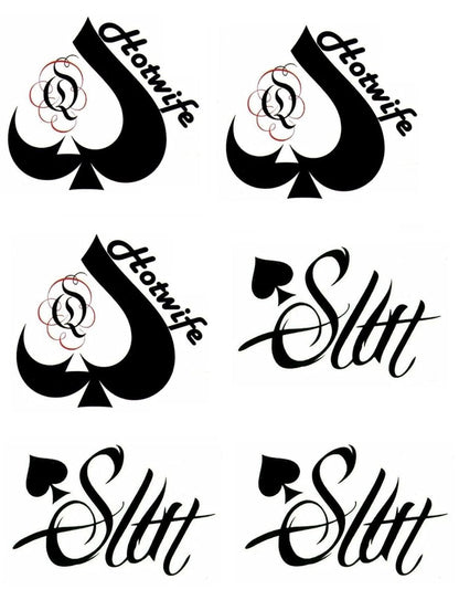 EUYF BBC Queen of Spades Temporary Tattoo Stickers - 4 Sheets, 81 Designs, Large 15x21cm, Black QOS Hardcore Phrases Temporary Tattoos for Adults