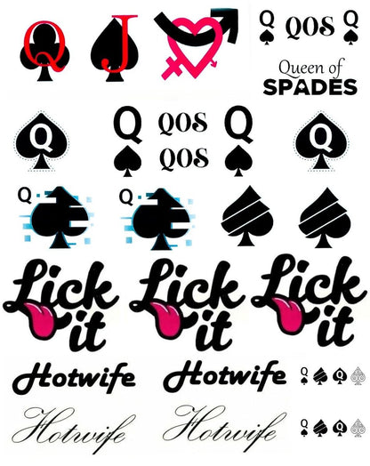 EUYF BBC Queen of Spades Temporary Tattoo Stickers - 4 Sheets, 81 Designs, Large 15x21cm, Black QOS Hardcore Phrases Temporary Tattoos for Adults