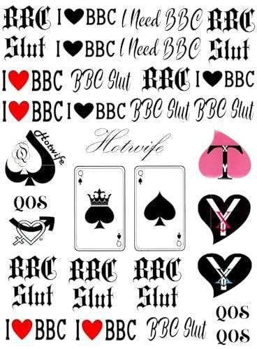EUYF BBC Queen of Spades Temporary Tattoo Stickers - 4 Sheets, 81 Designs, Large 15x21cm, Black QOS Hardcore Phrases Temporary Tattoos for Adults