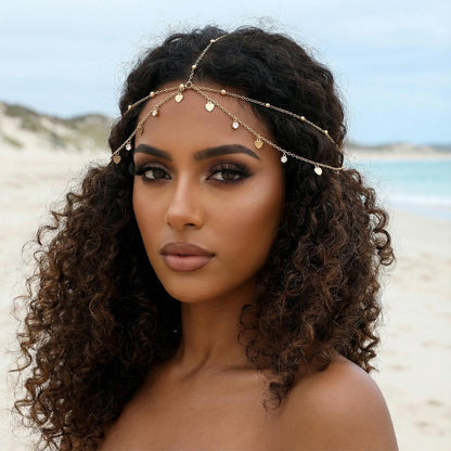 Nogeqi Gold Head Chain Rhinestone Sequin Egyptian Headpiece - Gold Head-Piece Genie Head Jewelry for Women Girls, Egyptian Hair Accessories for Festival Prom Wedding Bridal