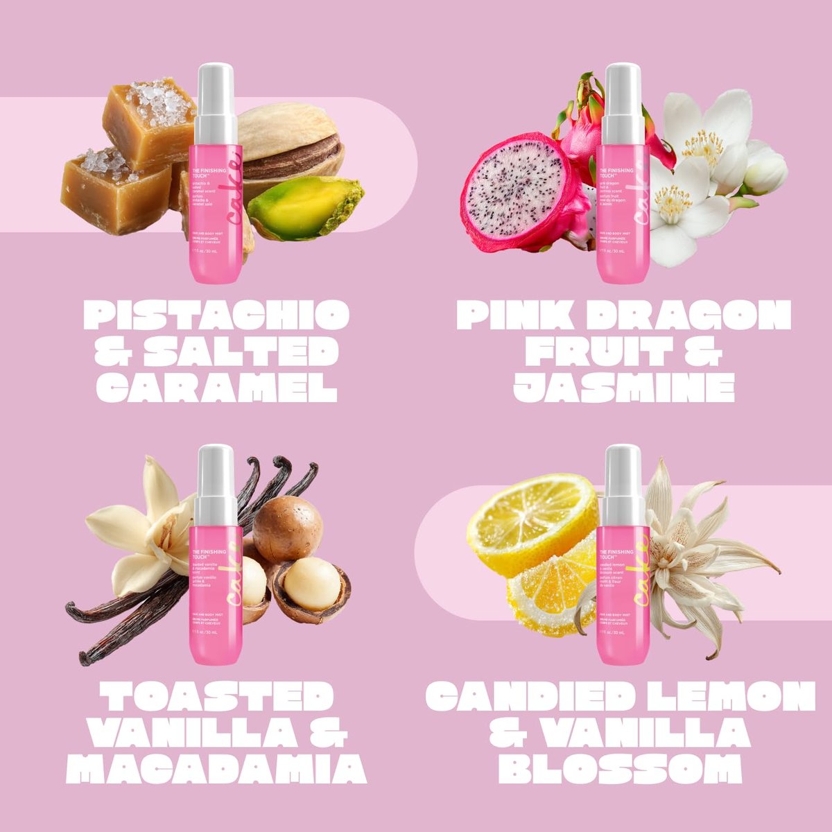 Cake Beauty Hair and Body Mist Travel Gift Set, The Finishing Touch - Fine Fragrance Mist with Aloe and Argan Oil, 4 x 30mL/1 oz Avelisse
