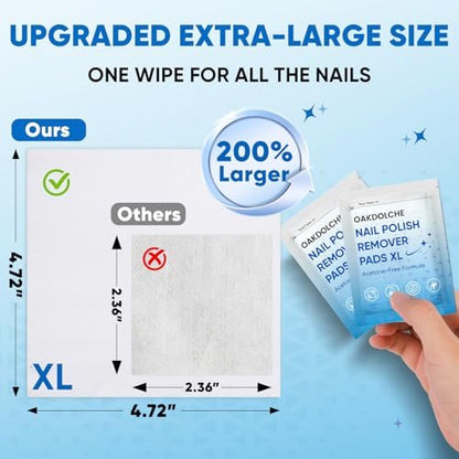 OAKDOLCHE Extra Large Nail Polish Remover Pads (12×12 cm) – Acetone-Free, Individually Wrapped, 40 Count for Gentle & Quick Nail Care at Home or Salon