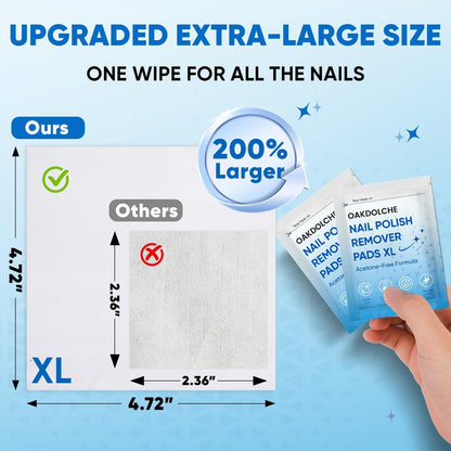 OAKDOLCHE Extra Large Nail Polish Remover Pads (12×12 cm) – Acetone-Free, Individually Wrapped, 40 Count for Gentle & Quick Nail Care at Home or Salon