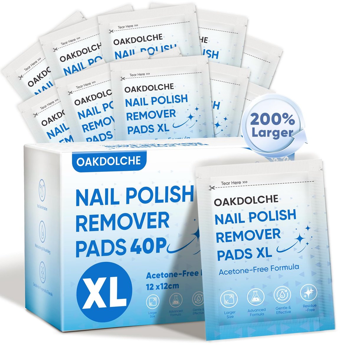 OAKDOLCHE Extra Large Nail Polish Remover Pads (12×12 cm) – Acetone-Free, Individually Wrapped, 40 Count for Gentle & Quick Nail Care at Home or Salon - görsel 1