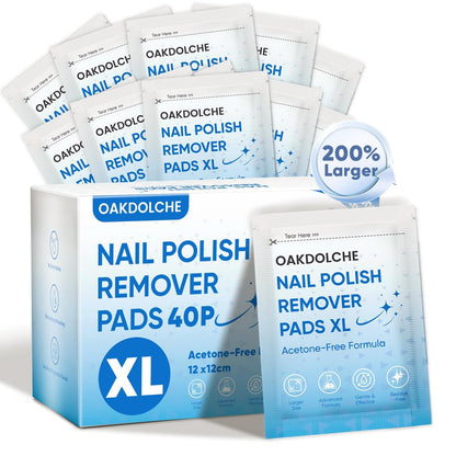 OAKDOLCHE Extra Large Nail Polish Remover Pads (12×12 cm) – Acetone-Free, Individually Wrapped, 40 Count for Gentle & Quick Nail Care at Home or Salon