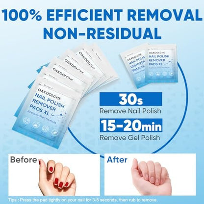 OAKDOLCHE Extra Large Nail Polish Remover Pads (12×12 cm) – Acetone-Free, Individually Wrapped, 40 Count for Gentle & Quick Nail Care at Home or Salon