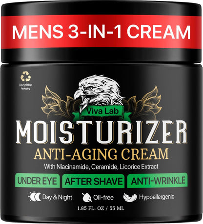 Viva Lab Men's Face Moisturizer Anti-Aging Cream - Lightweight After Shave Lotion with Niacinamide, Collagen & Ceramides - Day & Night Hydrating Skin Care, Fast-Absorbing Non-Greasy 1.85 oz