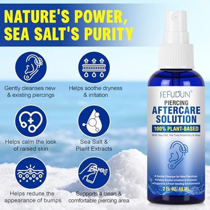 Piercing Aftercare Spray – Saline Solution for Ear, Belly & Nose Piercings, 2 Fl Oz