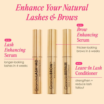 Grande Cosmetics Mini Lash & Brow Lineup - GrandeLASH-MD, GrandeBROW, GrandeREPAIR for Longer, Thicker-Looking Eyelashes & Fuller, Bolder-Looking Eyebrows Avelisse