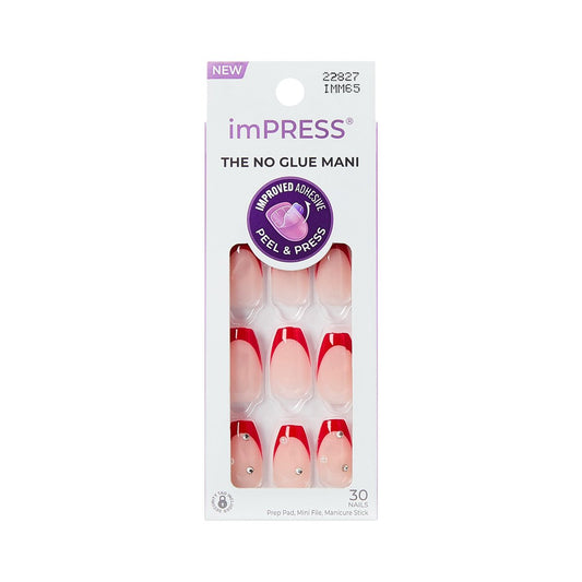 imPRESS Happy World Red Medium Coffin Press-On Nails - No Glue Required, 30 Nails + Prep & File Kit